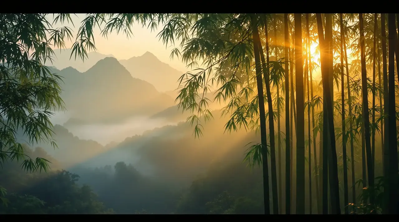 12306影视 东方竹林影视片单平台 12306影视 首页背景 - 晨雾中的东方竹林与远山